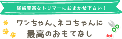 経験豊富なトリマーにおまかせ下さい！　ワンちゃん、ネコちゃんに最高のおもてなし